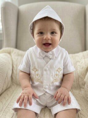 New White Christening Baptism shorts hat outfit for baby Boy Toddler(12-18 month